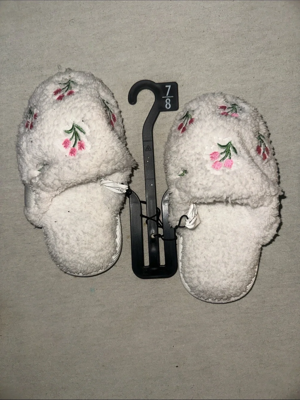 Plush Floral Kids Slippers - White with Pink Embroidery